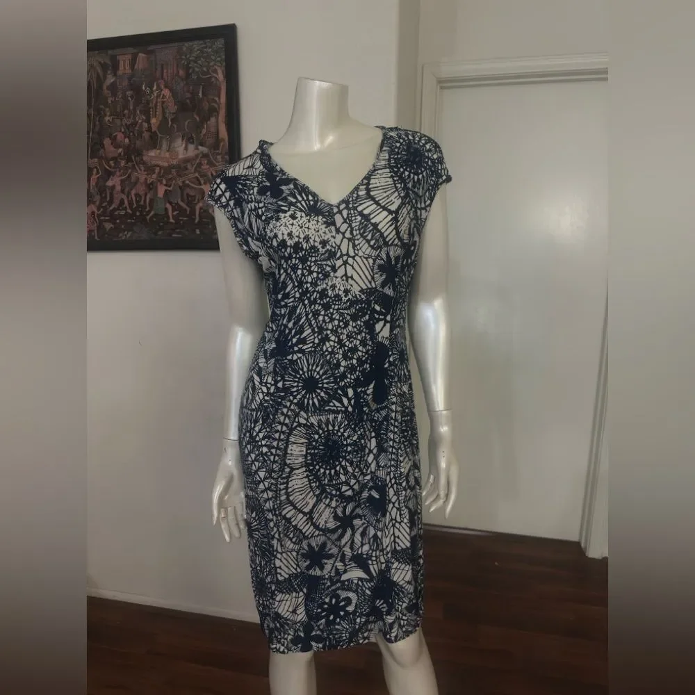 TORY BURCH Blue Baltic Sea Dream Catcher Dress MED Cap Sleeve V Neck Casua